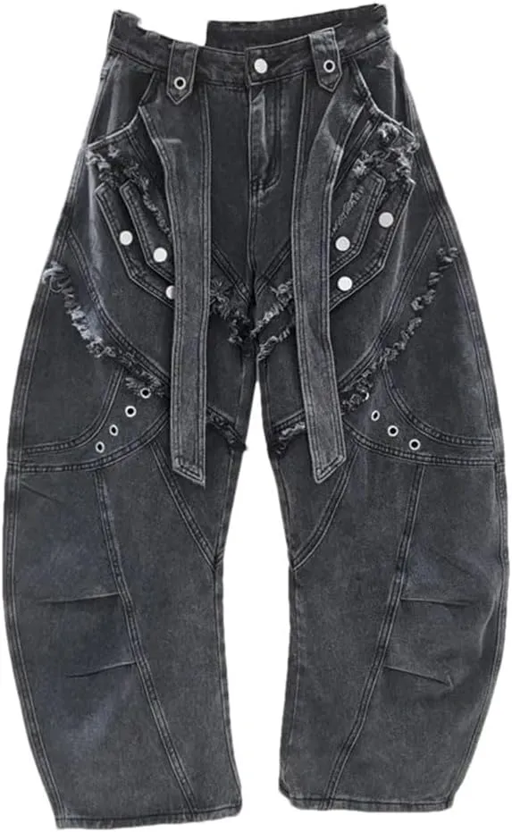 Women's Jeans Deconstructed Patchwork Burrs Edge Washed Wide Leg Curved Cargo Denim Pants