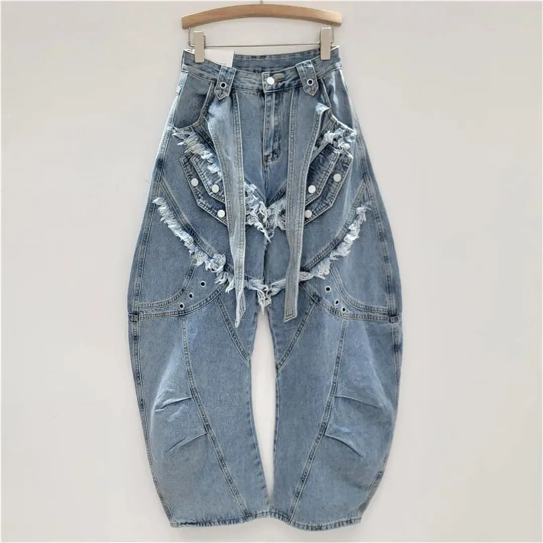 Women's Jeans Deconstructed Patchwork Burrs Edge Washed Wide Leg Curved Cargo Denim Pants