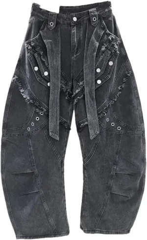 Women's Jeans Deconstructed Patchwork Burrs Edge Washed Wide Leg Curved Cargo Denim Pants