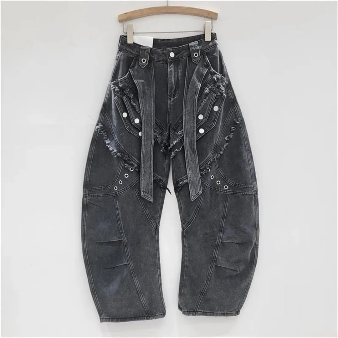 Women's Jeans Deconstructed Patchwork Burrs Edge Washed Wide Leg Curved Cargo Denim Pants