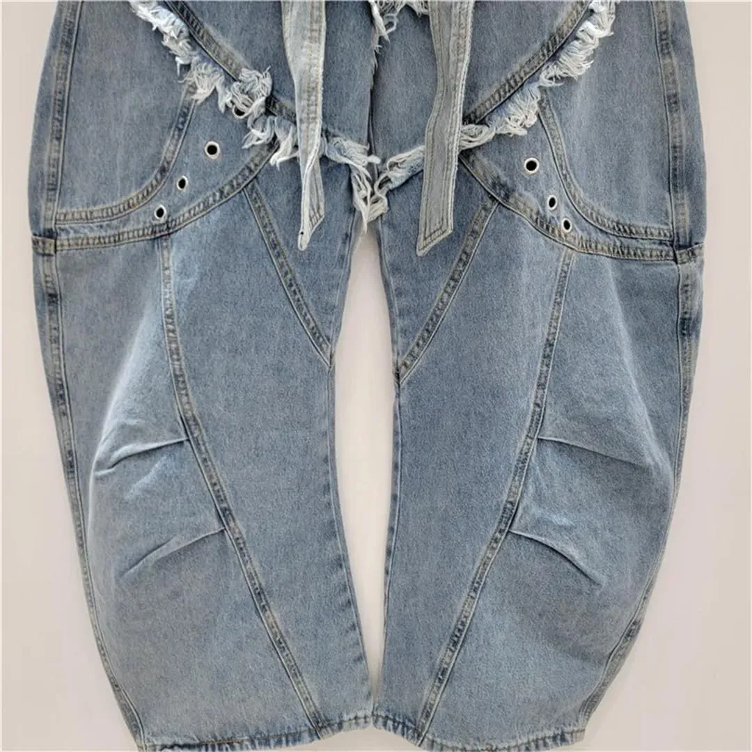 Women's Jeans Deconstructed Patchwork Burrs Edge Washed Wide Leg Curved Cargo Denim Pants