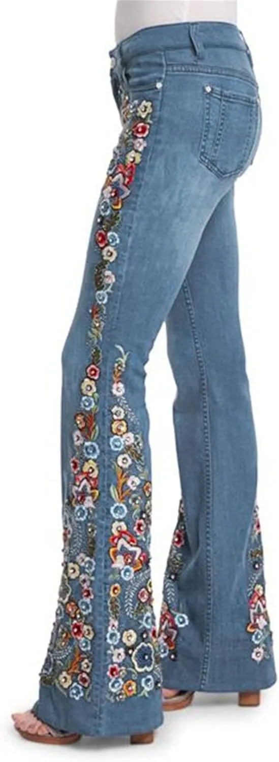 Women's Jeans Embroidery Destoryed Flare Jeans Button Waist Bell Bottom Denim Pants Cute Jeans, XS-4XL