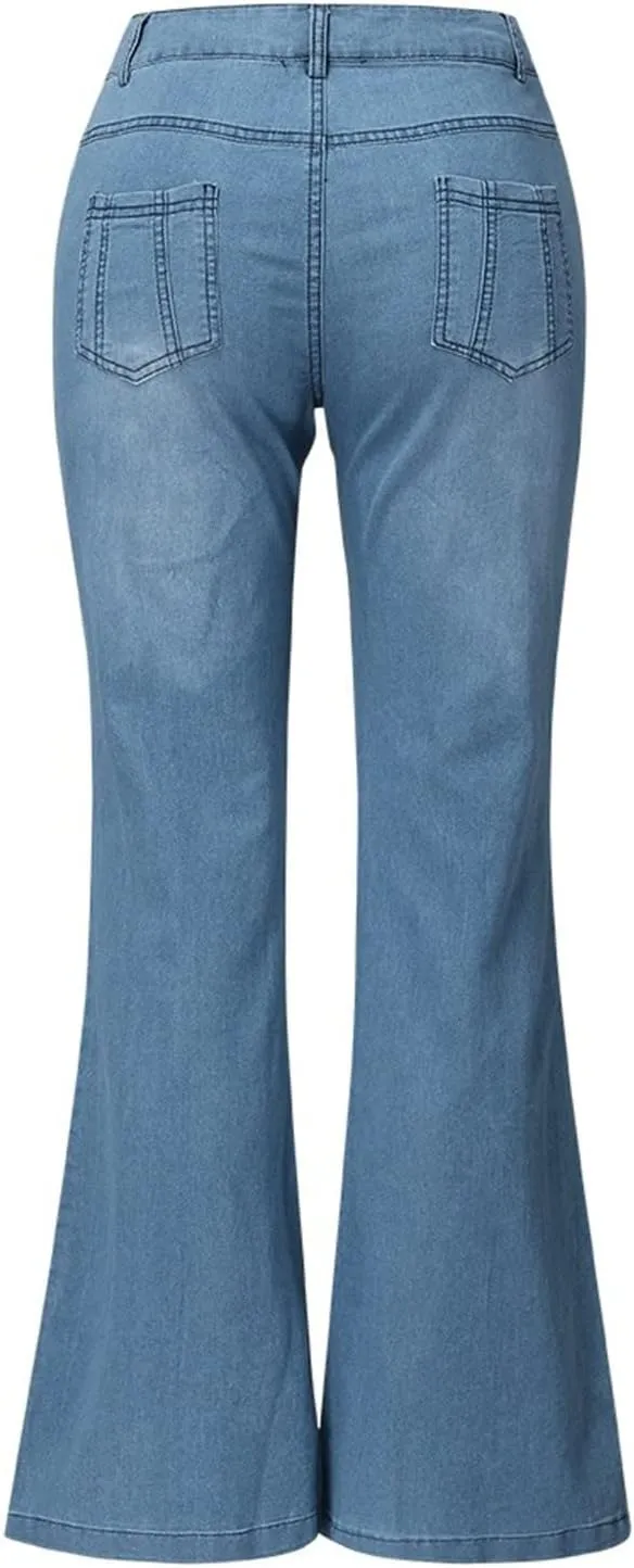 Women's Jeans Embroidery Destoryed Flare Jeans Button Waist Bell Bottom Denim Pants Cute Jeans, XS-4XL