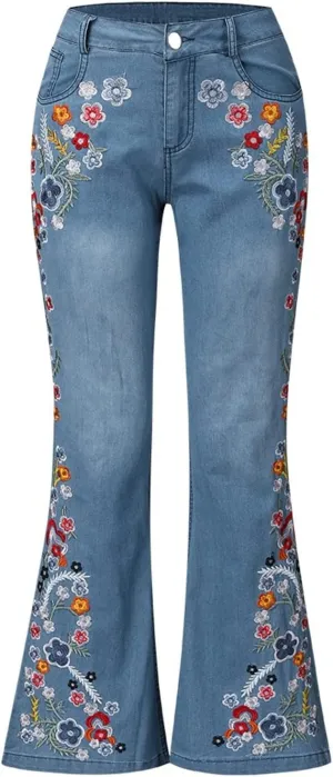 Women's Jeans Embroidery Destoryed Flare Jeans Button Waist Bell Bottom Denim Pants Cute Jeans, XS-4XL