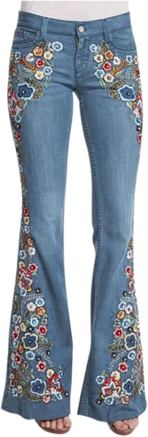 Women's Jeans Embroidery Destoryed Flare Jeans Button Waist Bell Bottom Denim Pants Cute Jeans, XS-4XL