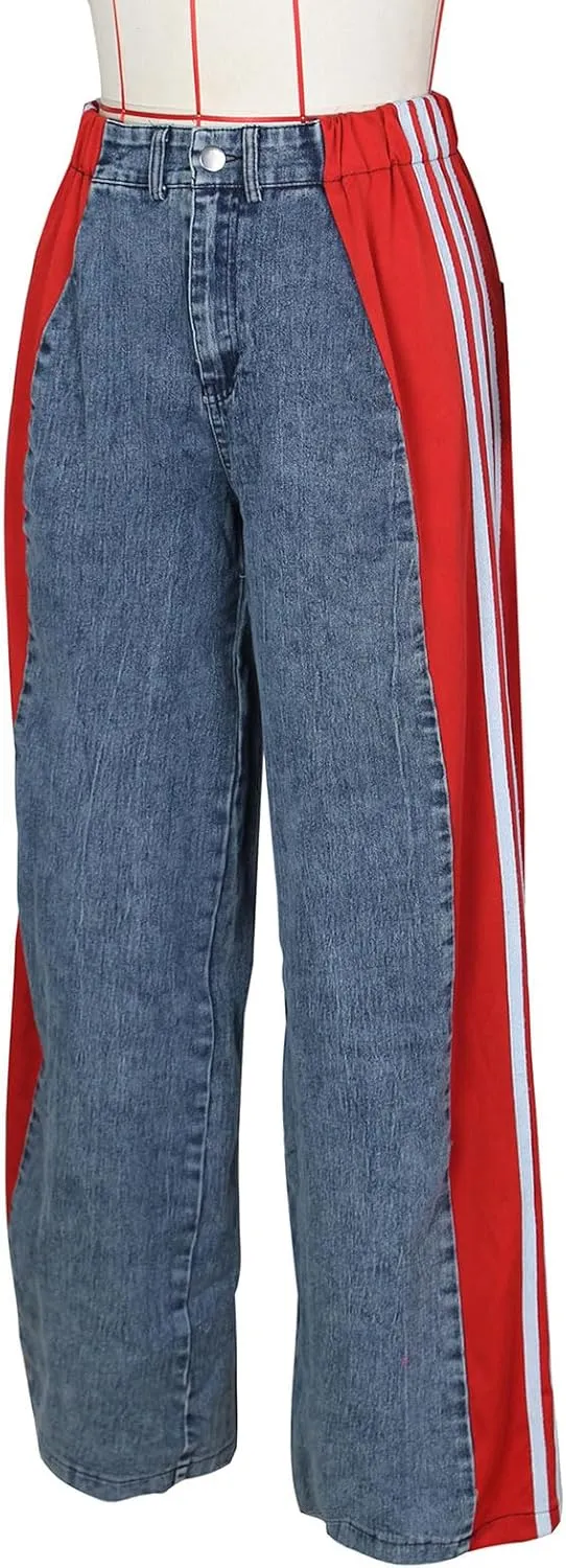 Womens Jeans High Waisted Wide Leg Striped Patchwork Color Block Stretchy Loose Straight Denim Pants