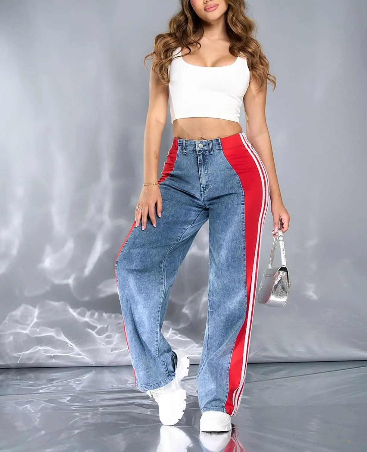 Womens Jeans High Waisted Wide Leg Striped Patchwork Color Block Stretchy Loose Straight Denim Pants