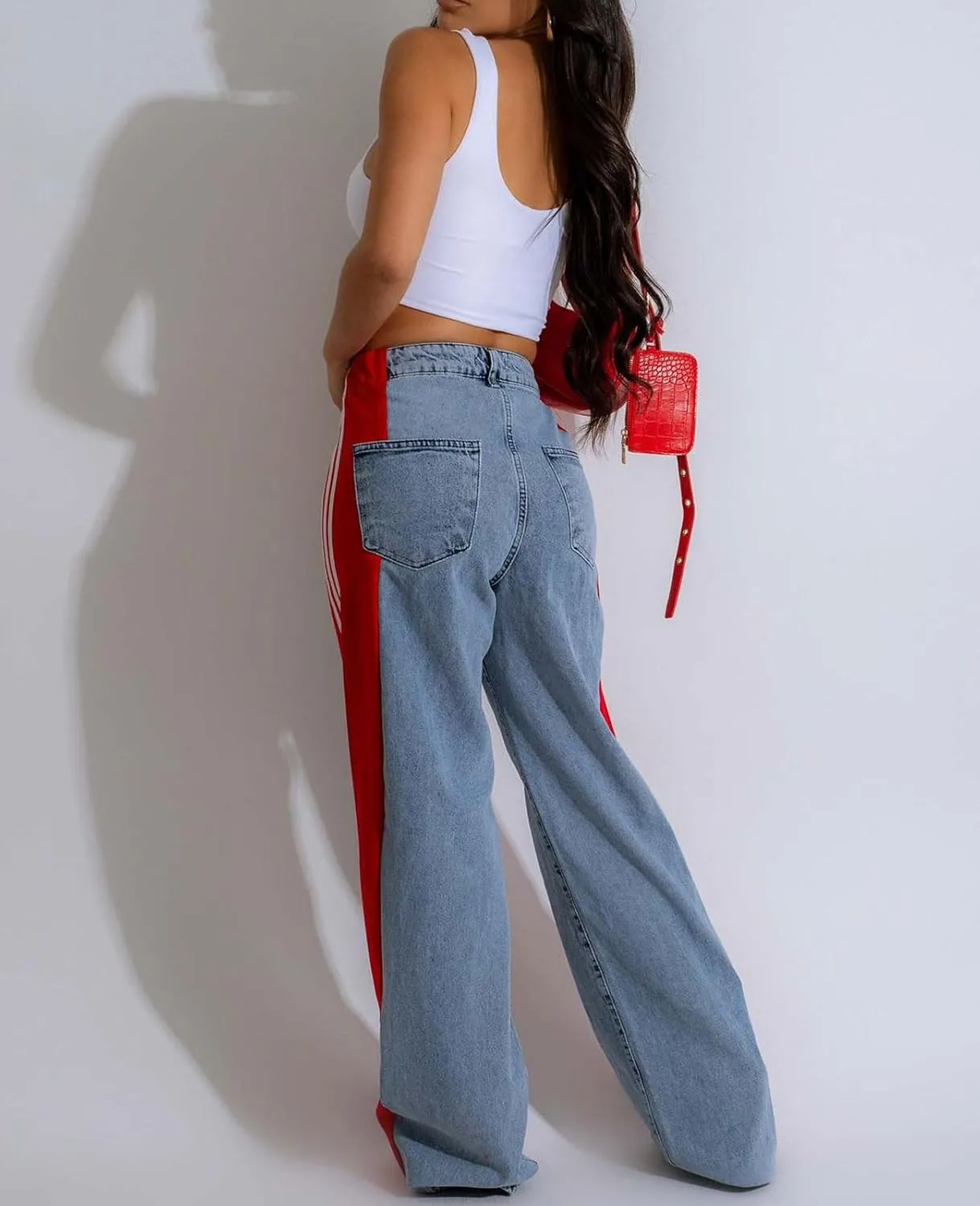 Womens Jeans High Waisted Wide Leg Striped Patchwork Color Block Stretchy Loose Straight Denim Pants