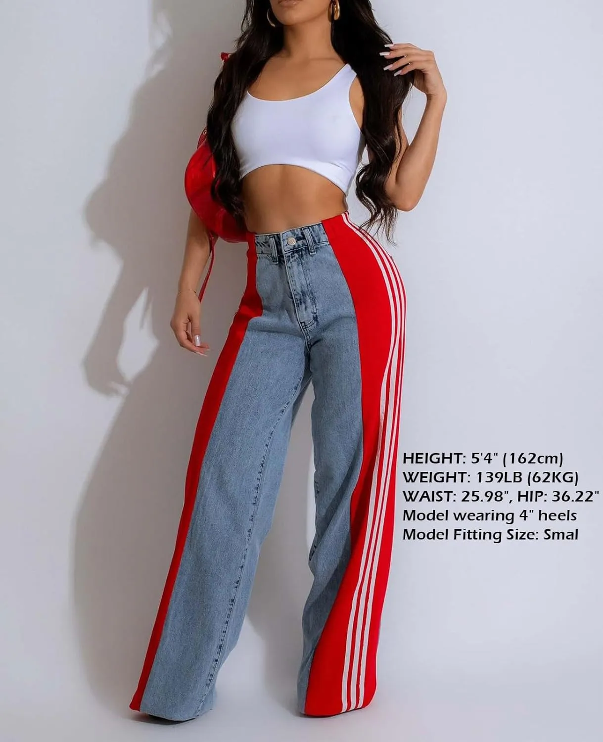 Womens Jeans High Waisted Wide Leg Striped Patchwork Color Block Stretchy Loose Straight Denim Pants