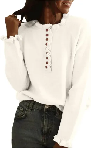 Womens Knit Sweaters Long Sleeve Oversized Casual Solid Button Sweater Ruffled Pullover Turtleneck Comfy