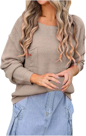 Women's Long Sleeve Crew Neck Crochet Sweaters 2024 Fall Winter Trendy Chest Pocket Sexy Knit Hollow Out Pullover