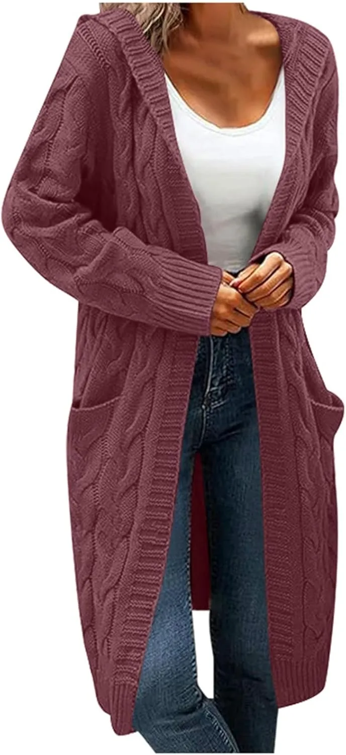 Womens Long Sweaters Long Sleeve Cable Knit Cardigan Sweaters for Women Chunky Sweater Open Front Cardigans Outwear Pocket