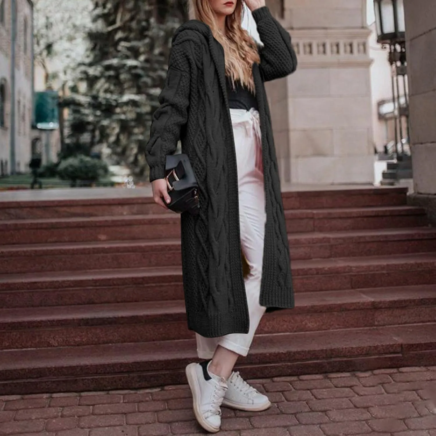 Womens Long Sweaters Long Sleeve Cable Knit Cardigan Sweaters for Women Chunky Sweater Open Front Cardigans Outwear Pocket