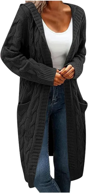 Womens Long Sweaters Long Sleeve Cable Knit Cardigan Sweaters for Women Chunky Sweater Open Front Cardigans Outwear Pocket