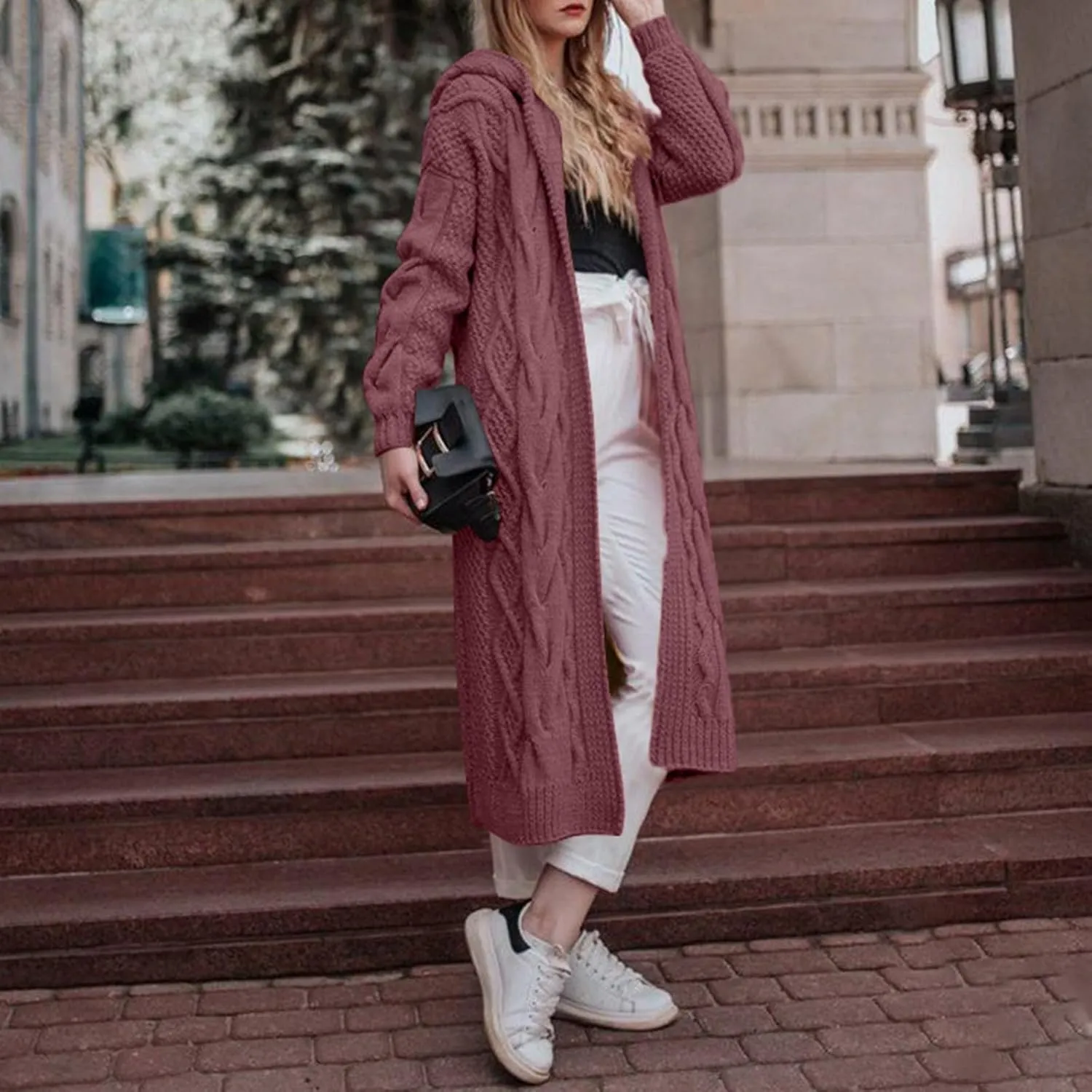 Womens Long Sweaters Long Sleeve Cable Knit Cardigan Sweaters for Women Chunky Sweater Open Front Cardigans Outwear Pocket