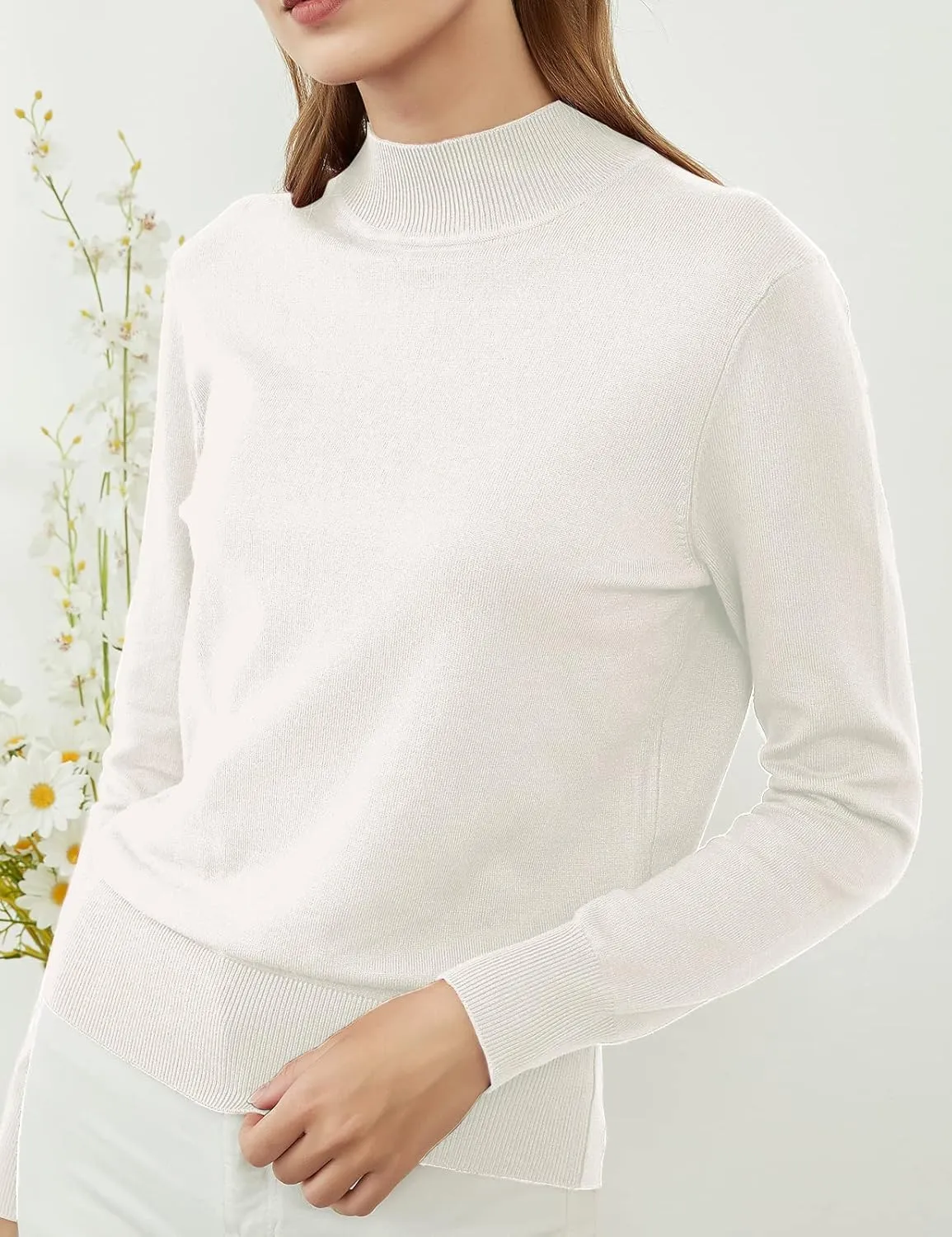 Womens Mockneck Sweater Lightweight Long Sleeve Sweater for Fall Winter Casual Pullover Knit Jumper Tops