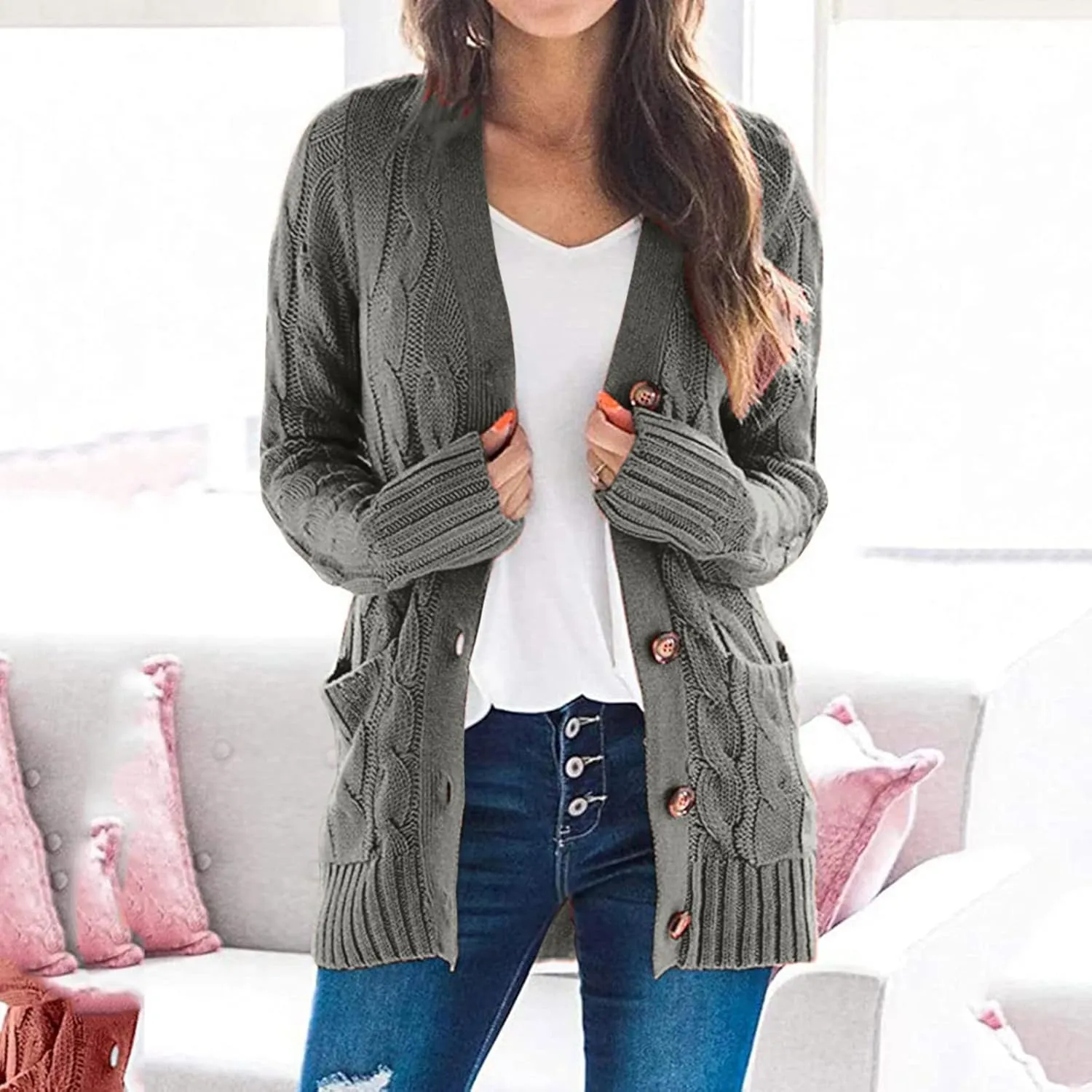 Women's Open Front Cardigan Sweaters 2024 Winter Fashion Button Down Cable Knit Chunky Warm Outwear Coats with Pocket