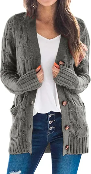 Women's Open Front Cardigan Sweaters 2024 Winter Fashion Button Down Cable Knit Chunky Warm Outwear Coats with Pocket