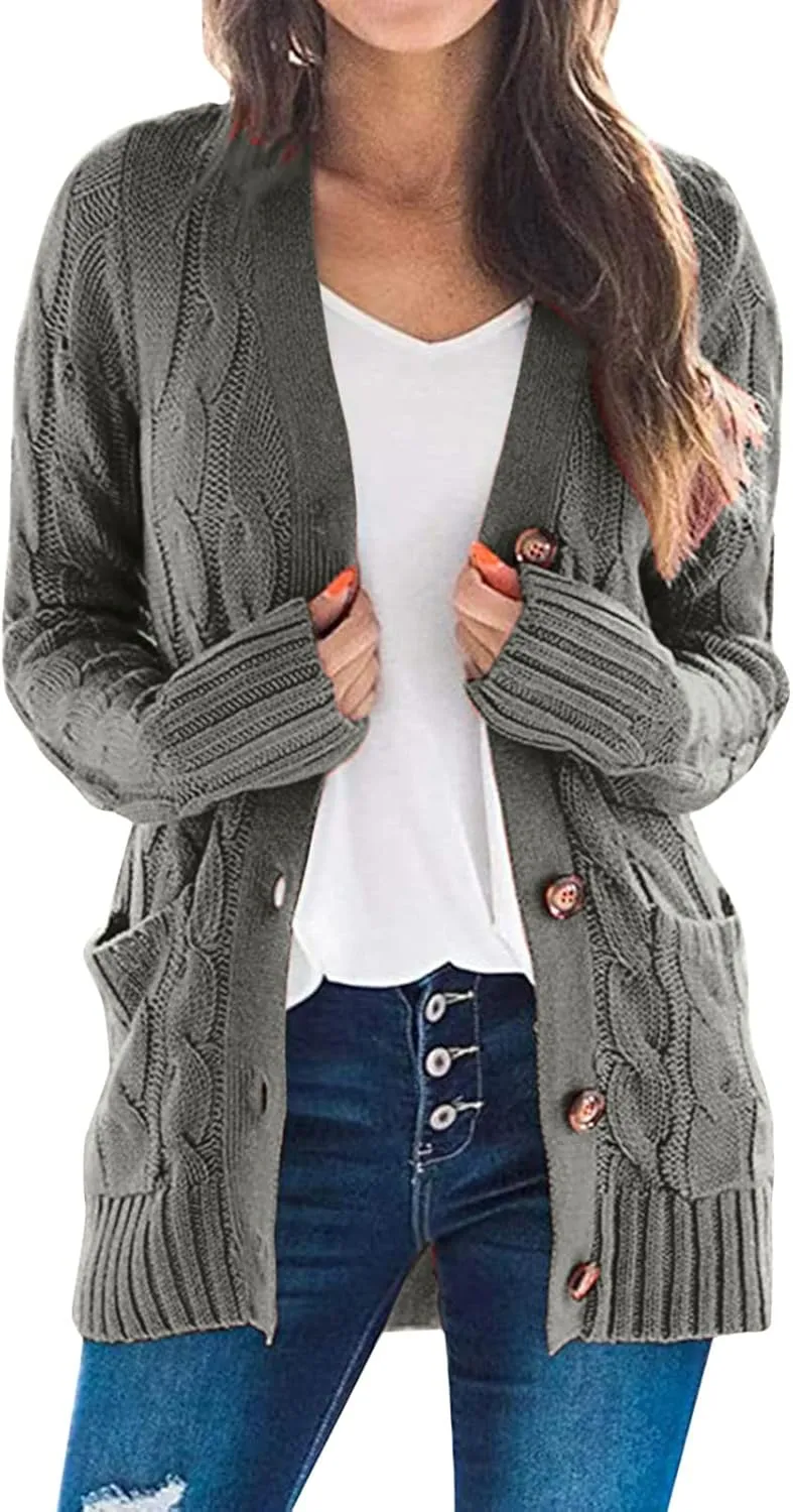 Women's Open Front Cardigan Sweaters 2024 Winter Fashion Button Down Cable Knit Chunky Warm Outwear Coats with Pocket