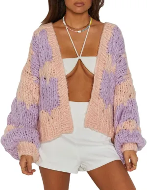 Womens Open Front Chunky Cardigan Sweater Long Sleeve Cable Knit Cropped Cardigan Loose Outwear Coat Streetwear