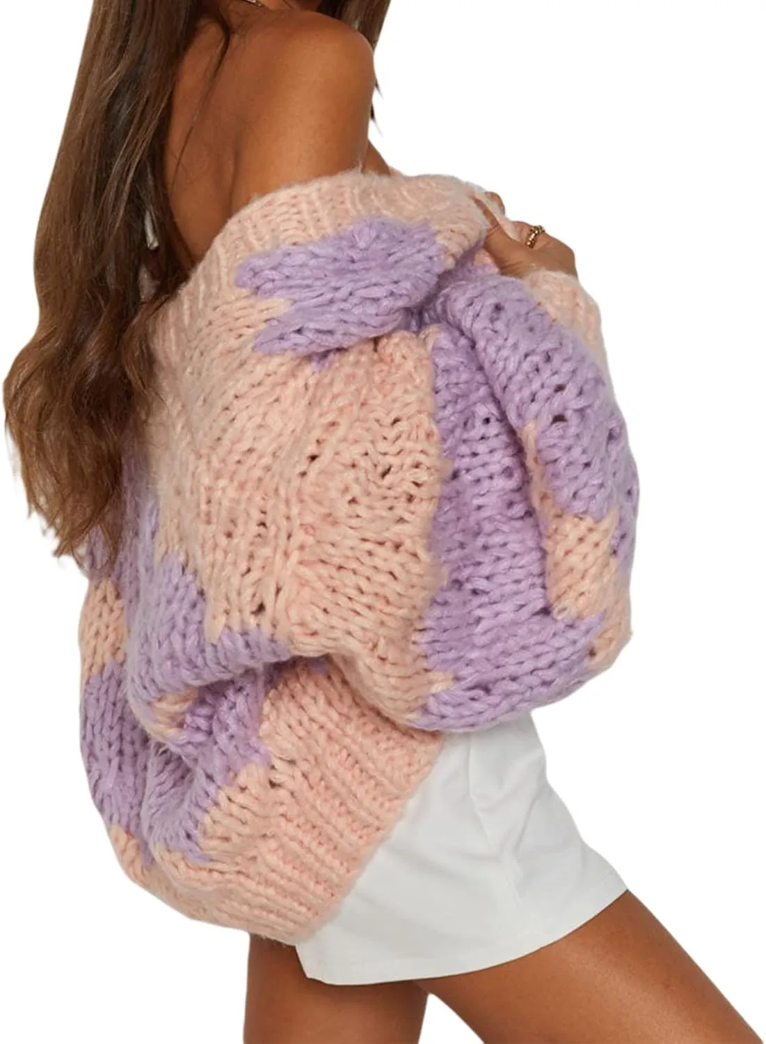 Womens Open Front Chunky Cardigan Sweater Long Sleeve Cable Knit Cropped Cardigan Loose Outwear Coat Streetwear
