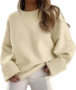 Womens Oversized Crew Neck Sweater Long Sleeve Solid Color Pullover Sweaters Casual Knit Top Trendy Outfits
