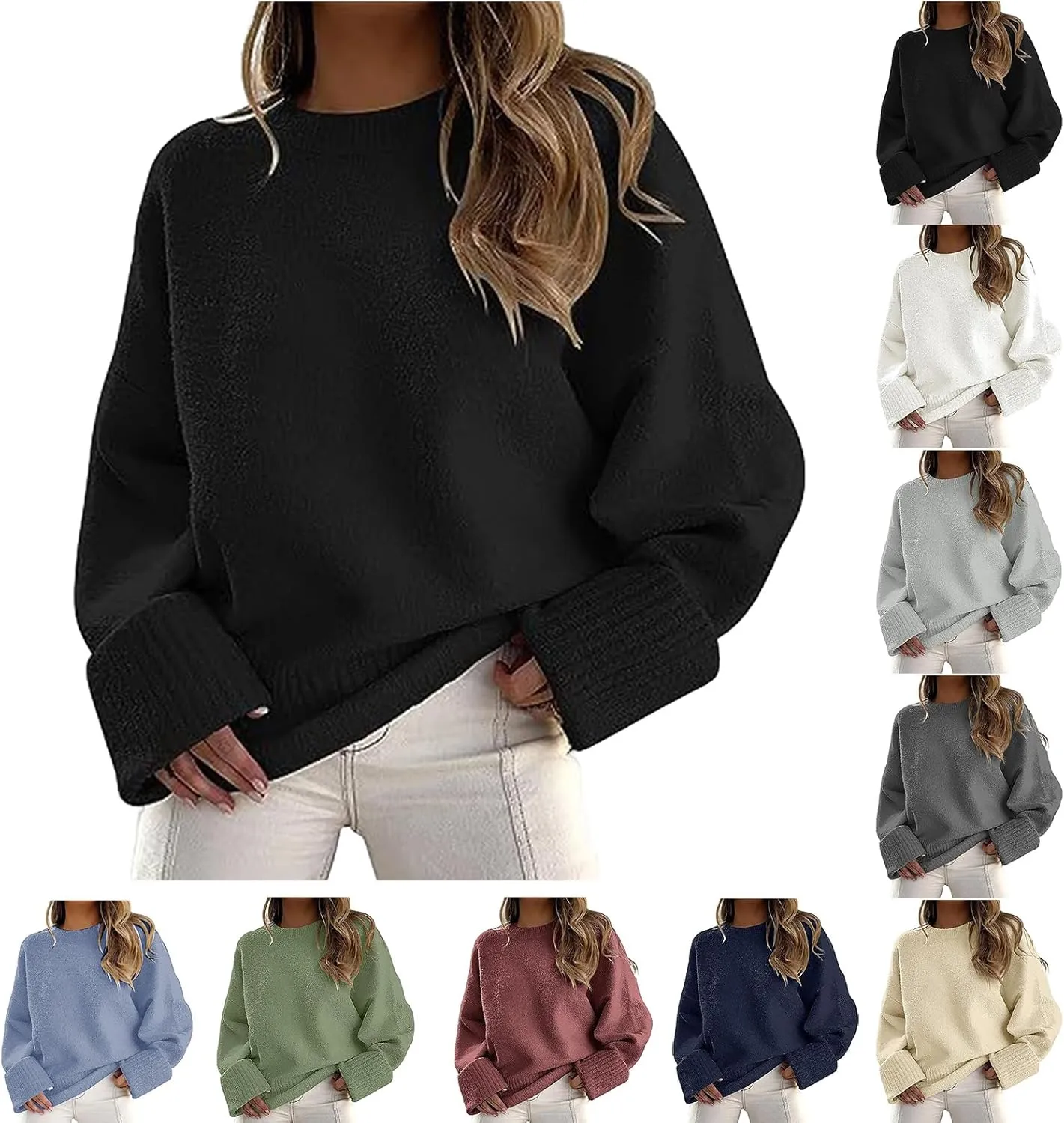 Womens Oversized Crew Neck Sweater Long Sleeve Solid Color Pullover Sweaters Casual Knit Top Trendy Outfits
