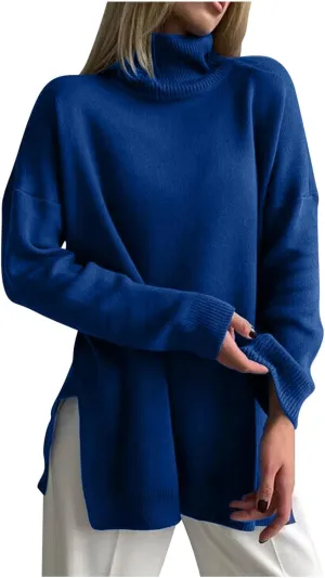 Womens Oversized Turtleneck Pullover Sweater Casual Ribbed Knit Side Split Tunic Sweaters Solid Long Sleeve Jumper