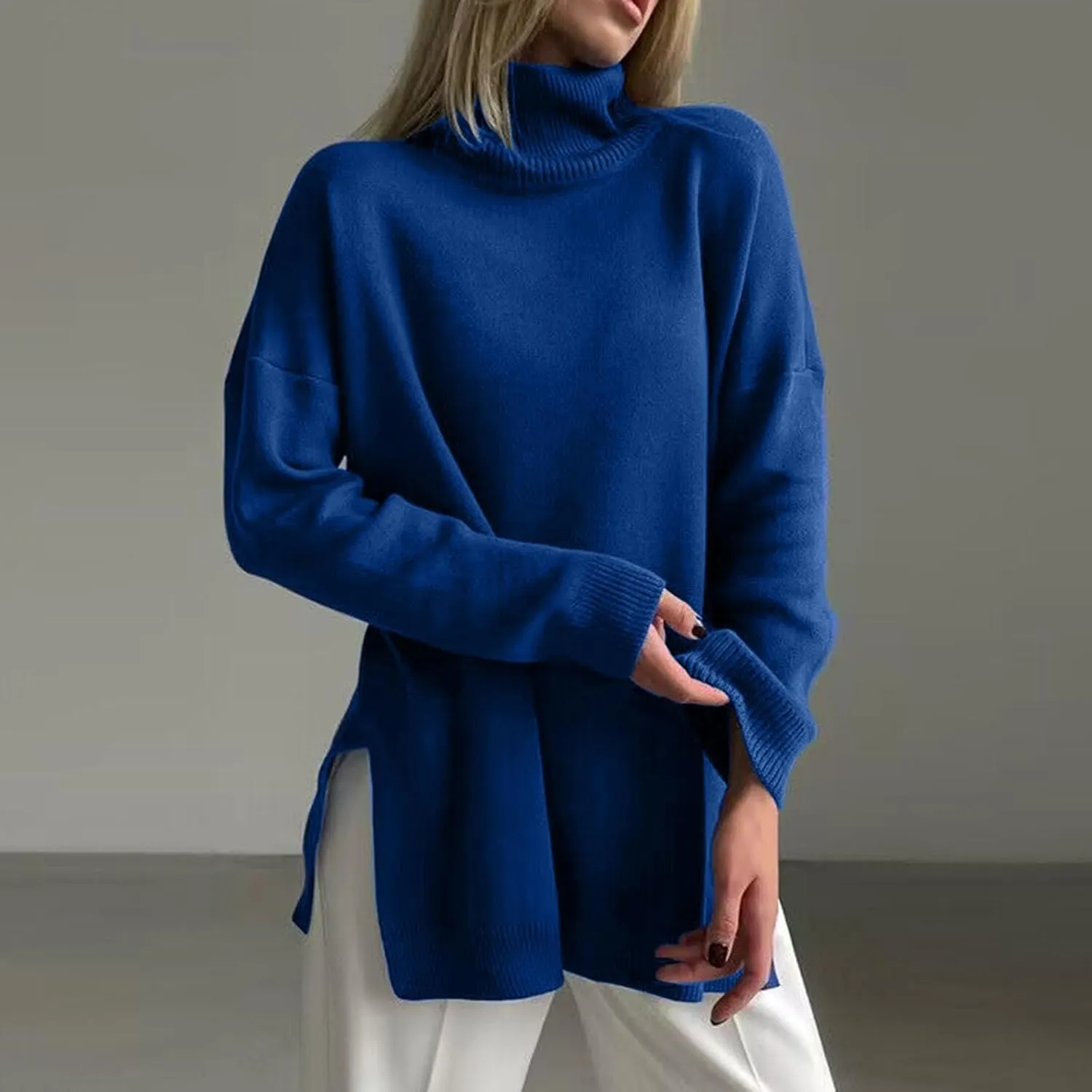 Womens Oversized Turtleneck Pullover Sweater Casual Ribbed Knit Side Split Tunic Sweaters Solid Long Sleeve Jumper