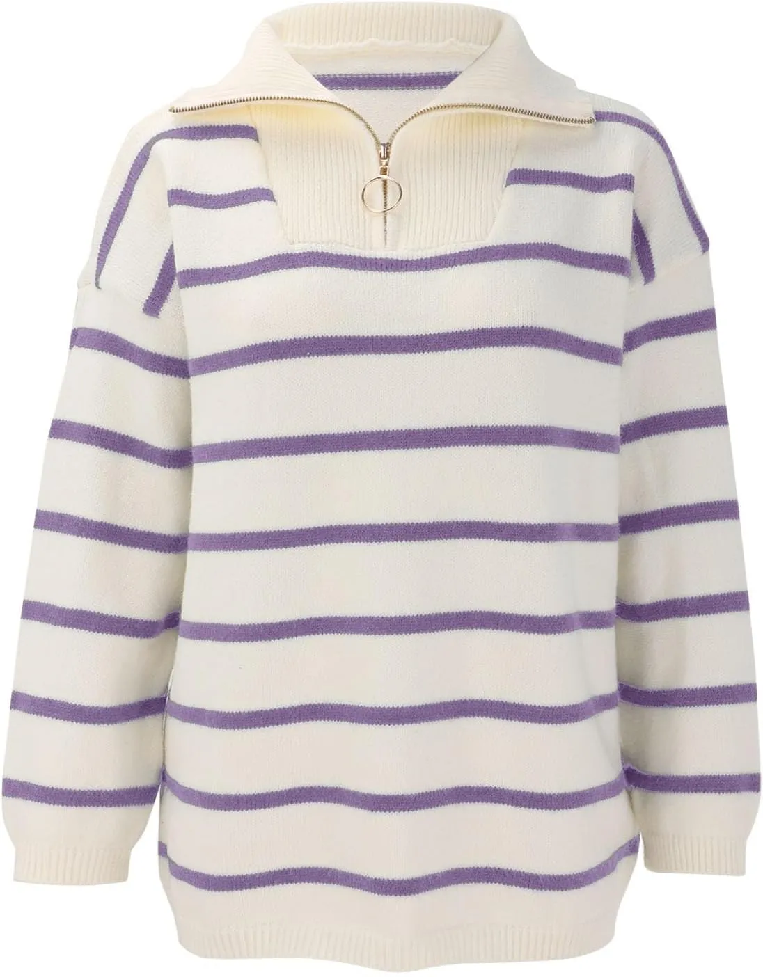 Women's Quarter Zip Lapel Sweater Casual Fit Striped Sweaters Drop Shoulder Long Sleeve Sweater Pullover Top