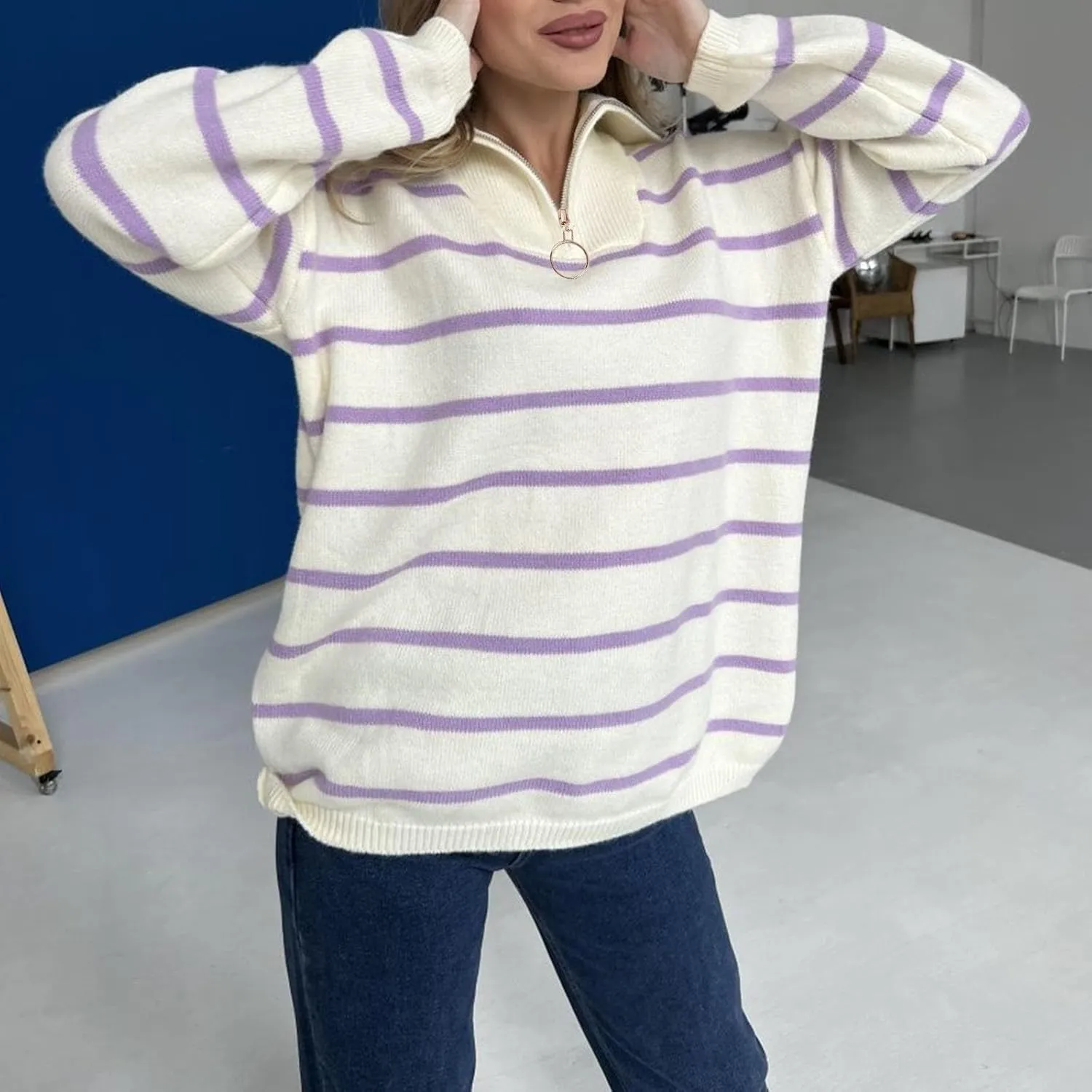 Women's Quarter Zip Lapel Sweater Casual Fit Striped Sweaters Drop Shoulder Long Sleeve Sweater Pullover Top