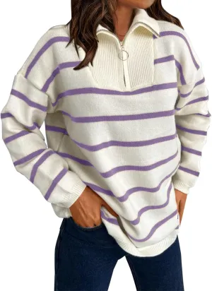 Women's Quarter Zip Lapel Sweater Casual Fit Striped Sweaters Drop Shoulder Long Sleeve Sweater Pullover Top