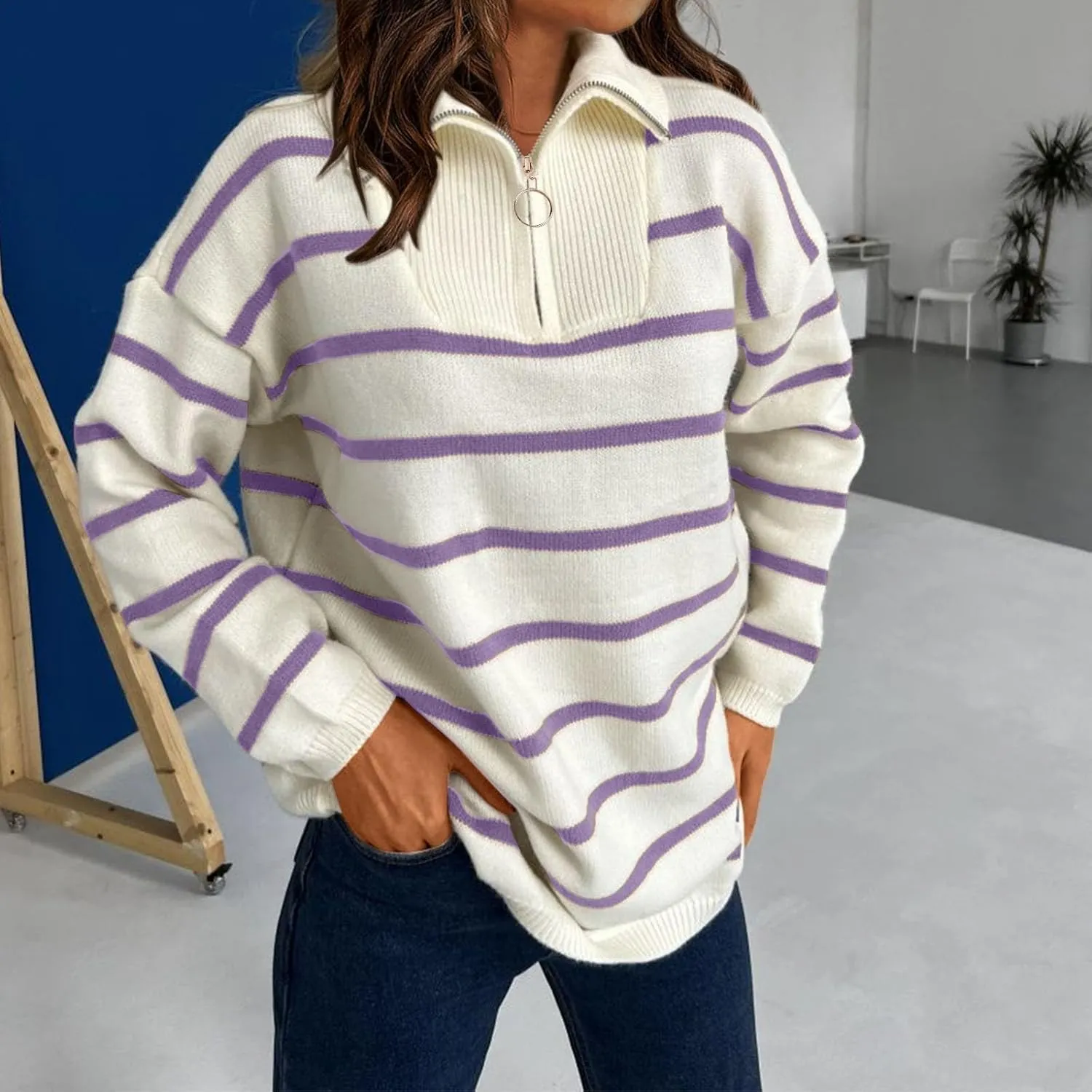 Women's Quarter Zip Lapel Sweater Casual Fit Striped Sweaters Drop Shoulder Long Sleeve Sweater Pullover Top