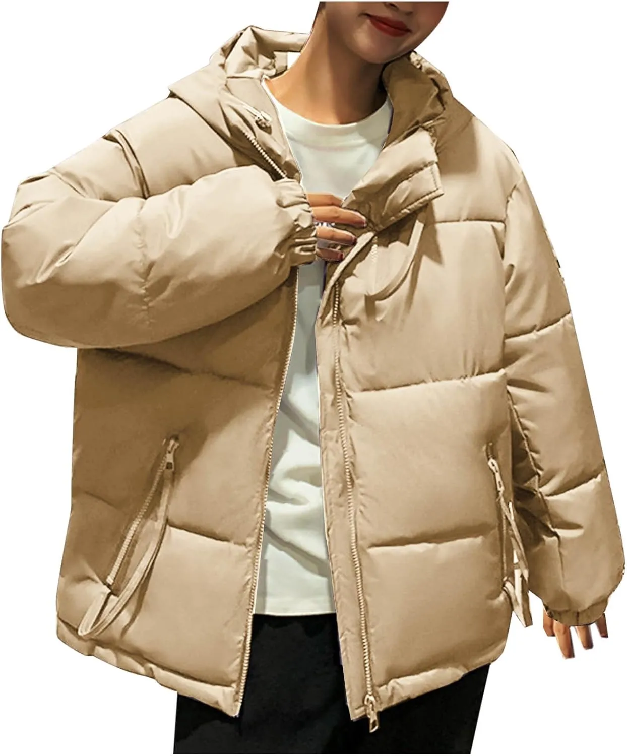 Women's Quilted Jackets Zip Up Down Open Winter Hooded Puffer Jackets Stand Collar Solid Color Quilted Outerwear