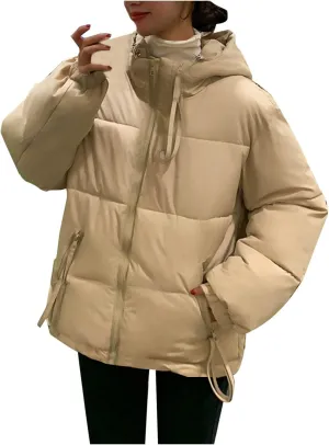 Women's Quilted Jackets Zip Up Down Open Winter Hooded Puffer Jackets Stand Collar Solid Color Quilted Outerwear