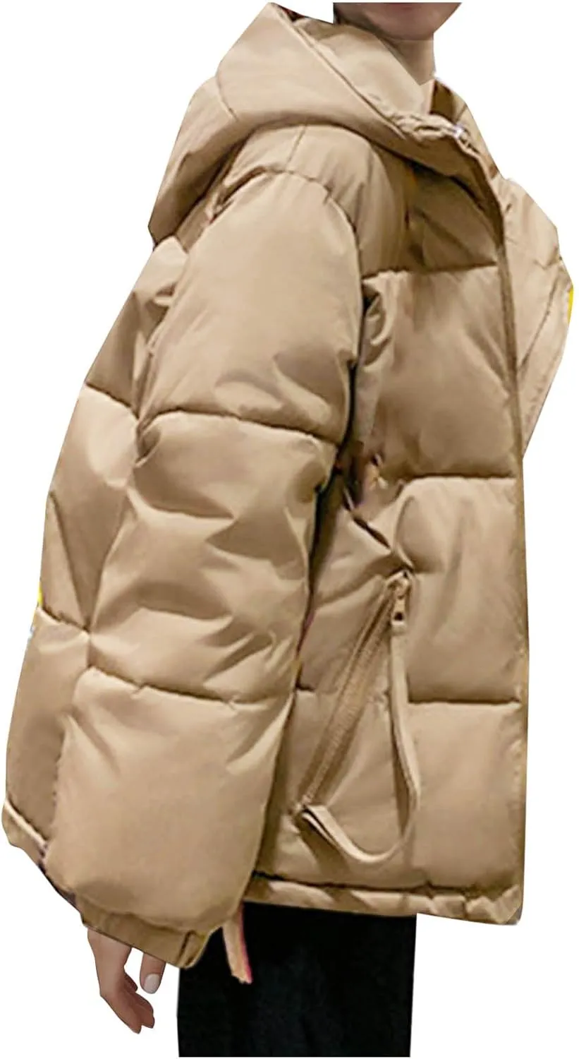 Women's Quilted Jackets Zip Up Down Open Winter Hooded Puffer Jackets Stand Collar Solid Color Quilted Outerwear