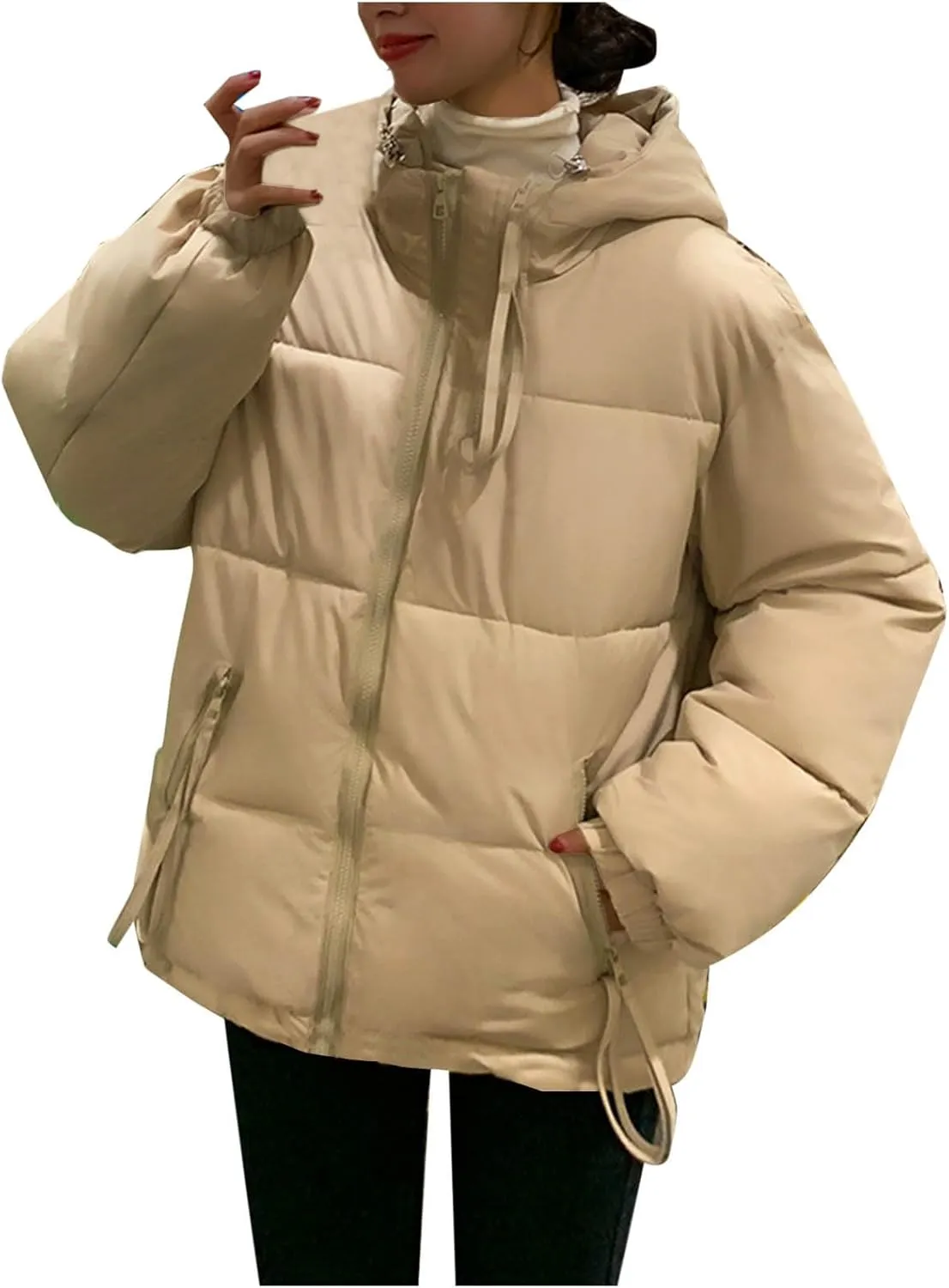 Women's Quilted Jackets Zip Up Down Open Winter Hooded Puffer Jackets Stand Collar Solid Color Quilted Outerwear