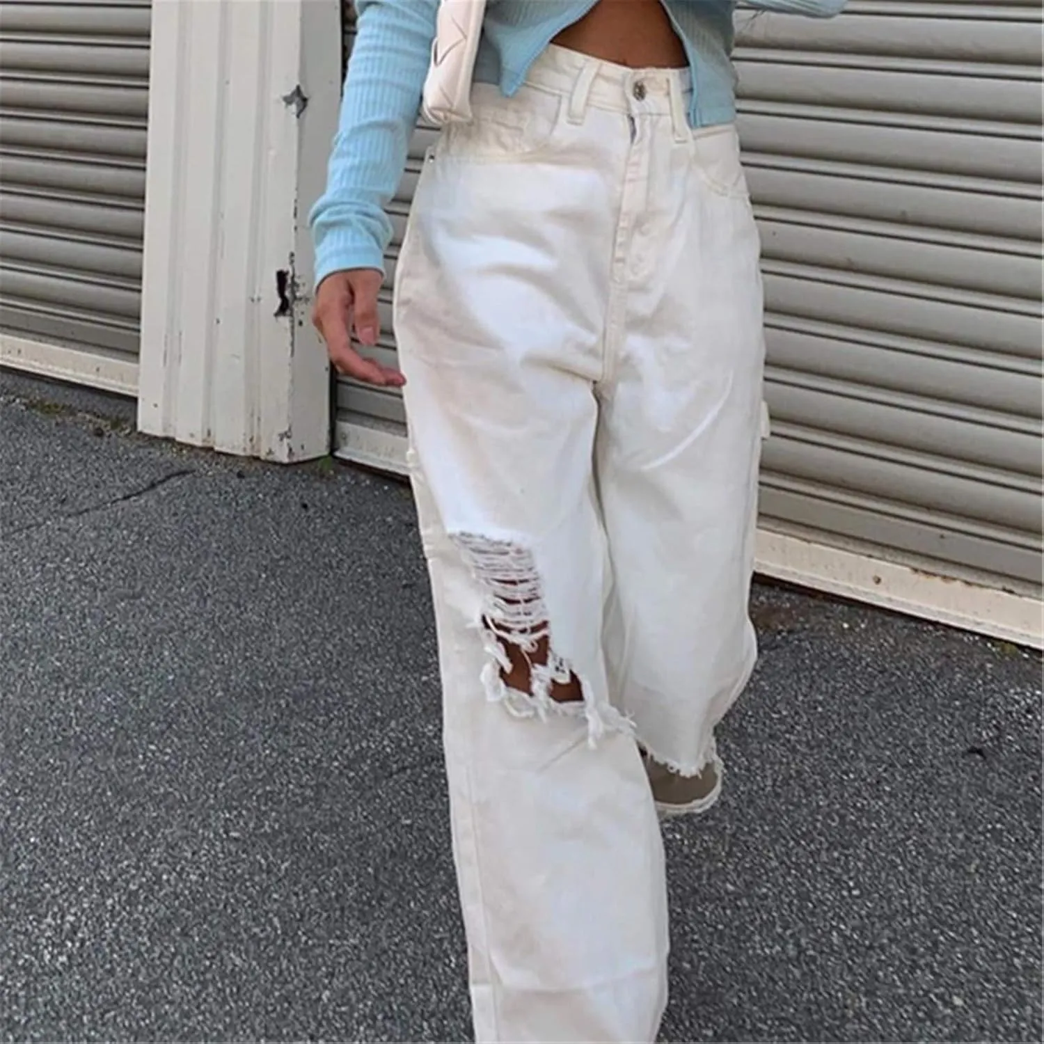 Women's Ripped Boyfriend Jeans Cute Ripped Distressed High Rise Straight Leg Loose Baggy Denim Pants Flared Jeans