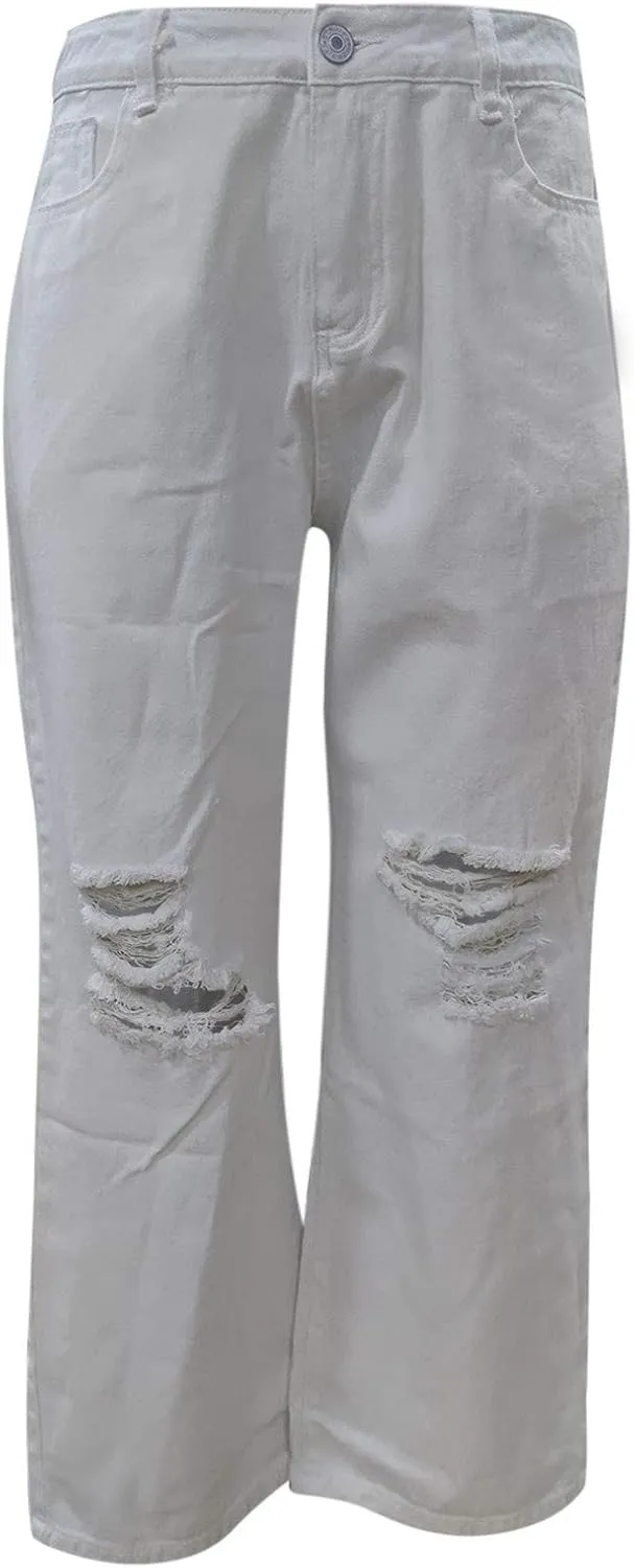 Women's Ripped Boyfriend Jeans Cute Ripped Distressed High Rise Straight Leg Loose Baggy Denim Pants Flared Jeans