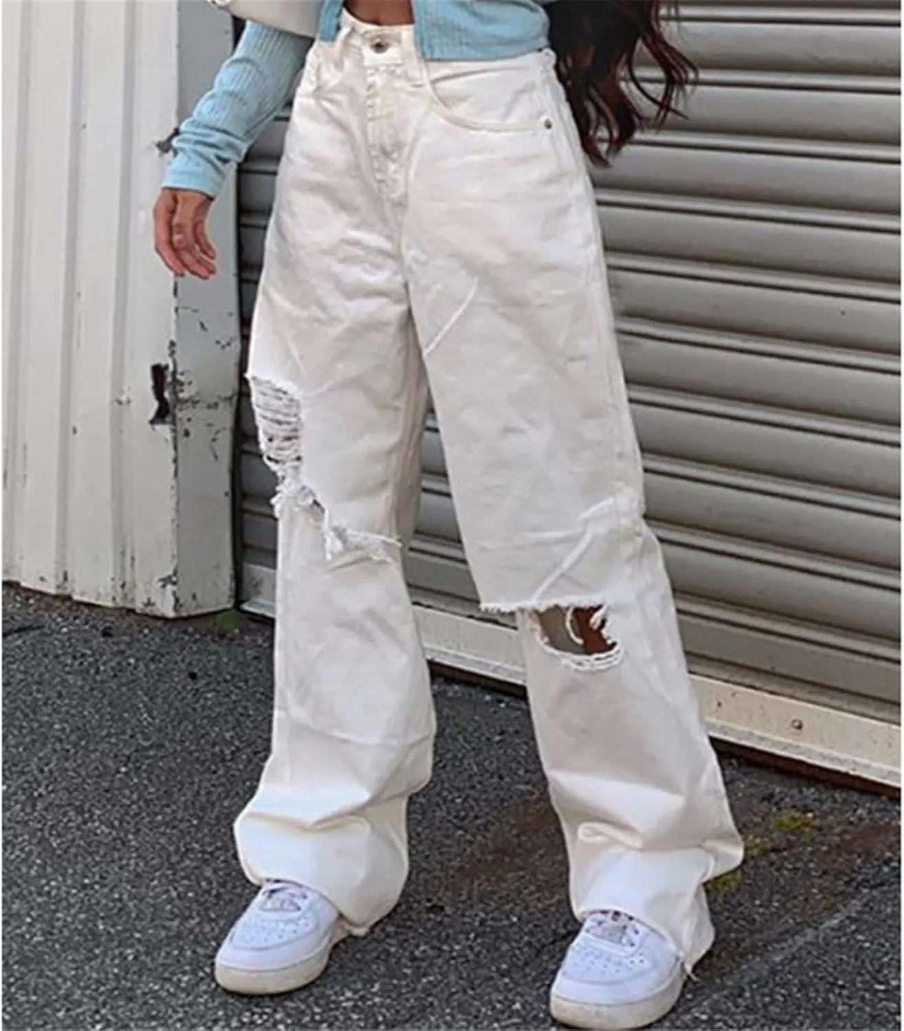 Women's Ripped Boyfriend Jeans Cute Ripped Distressed High Rise Straight Leg Loose Baggy Denim Pants Flared Jeans