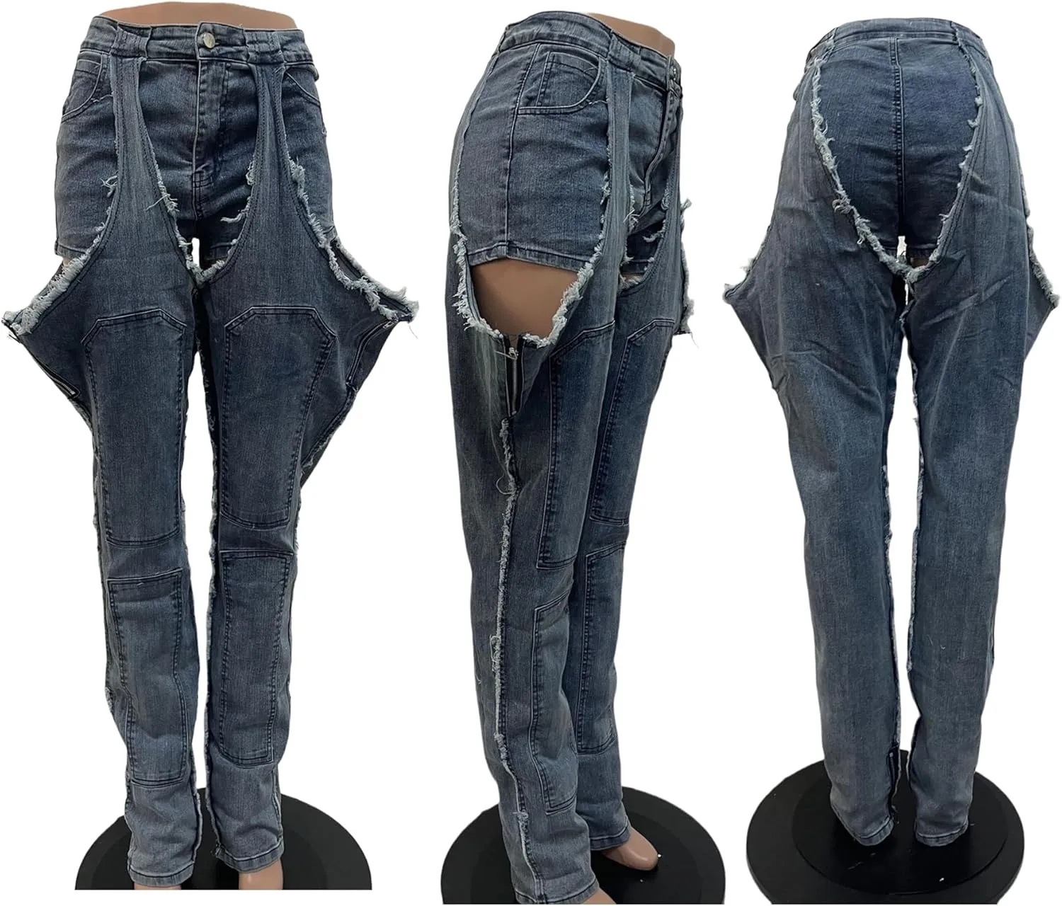 Womens Ripped Jeans Y2k Cut Out Distressed Frayed High Waisted Patchwork Denim Boyfriend Baggy Jeans Streetwear