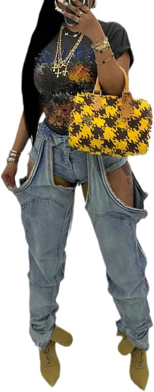 Womens Ripped Jeans Y2k Cut Out Distressed Frayed High Waisted Patchwork Denim Boyfriend Baggy Jeans Streetwear