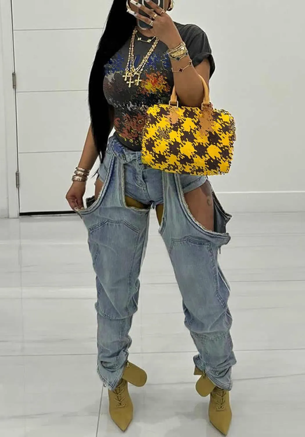 Womens Ripped Jeans Y2k Cut Out Distressed Frayed High Waisted Patchwork Denim Boyfriend Baggy Jeans Streetwear