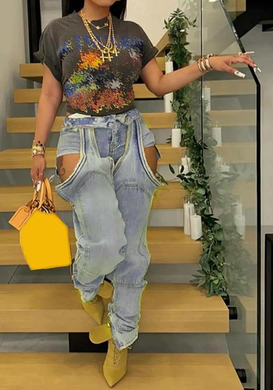 Womens Ripped Jeans Y2k Cut Out Distressed Frayed High Waisted Patchwork Denim Boyfriend Baggy Jeans Streetwear