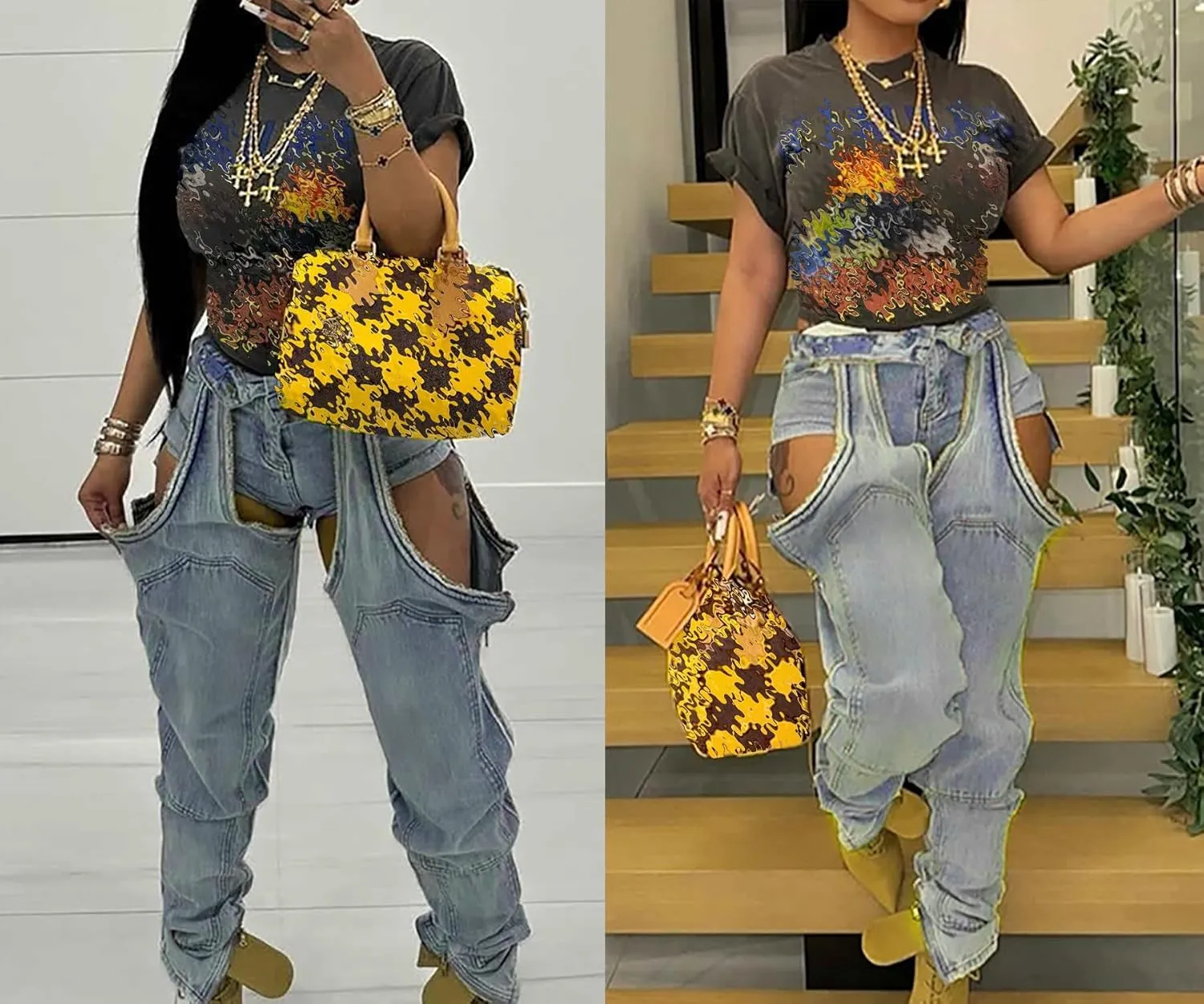 Womens Ripped Jeans Y2k Cut Out Distressed Frayed High Waisted Patchwork Denim Boyfriend Baggy Jeans Streetwear