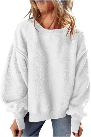 Women's Sherpa Fleece Oversized Sweatshirts Drop Shoulder Long Sleeve Hoodies Crewneck Warm Fuzzy Sweatshirt