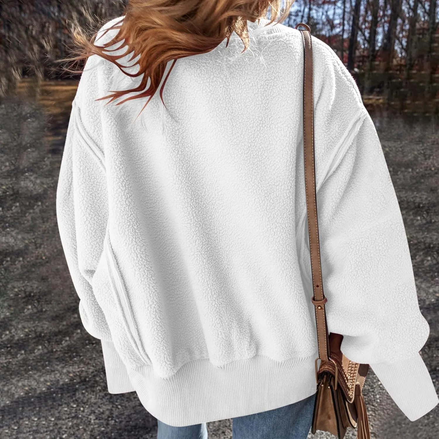 Women's Sherpa Fleece Oversized Sweatshirts Drop Shoulder Long Sleeve Hoodies Crewneck Warm Fuzzy Sweatshirt
