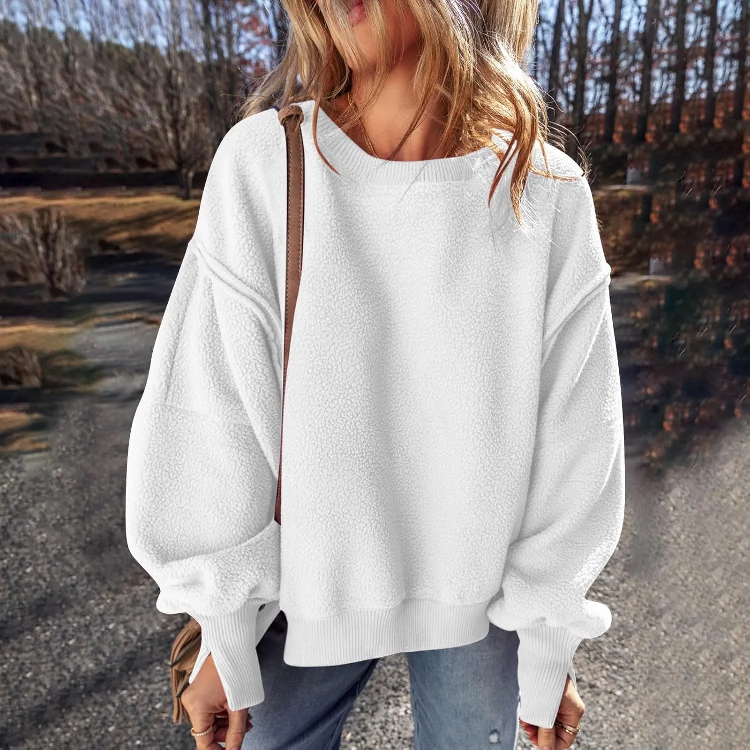 Women's Sherpa Fleece Oversized Sweatshirts Drop Shoulder Long Sleeve Hoodies Crewneck Warm Fuzzy Sweatshirt