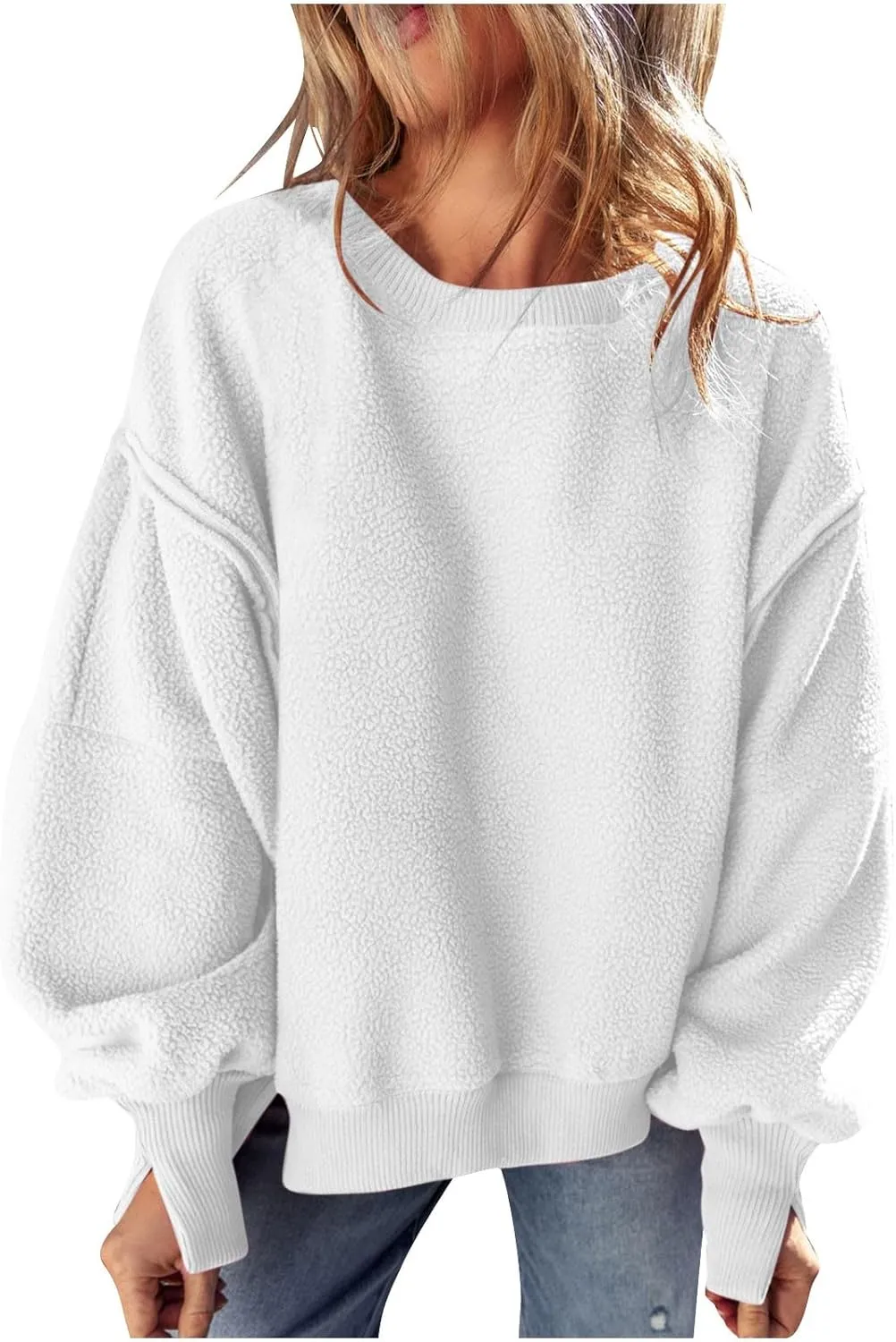 Women's Sherpa Fleece Oversized Sweatshirts Drop Shoulder Long Sleeve Hoodies Crewneck Warm Fuzzy Sweatshirt