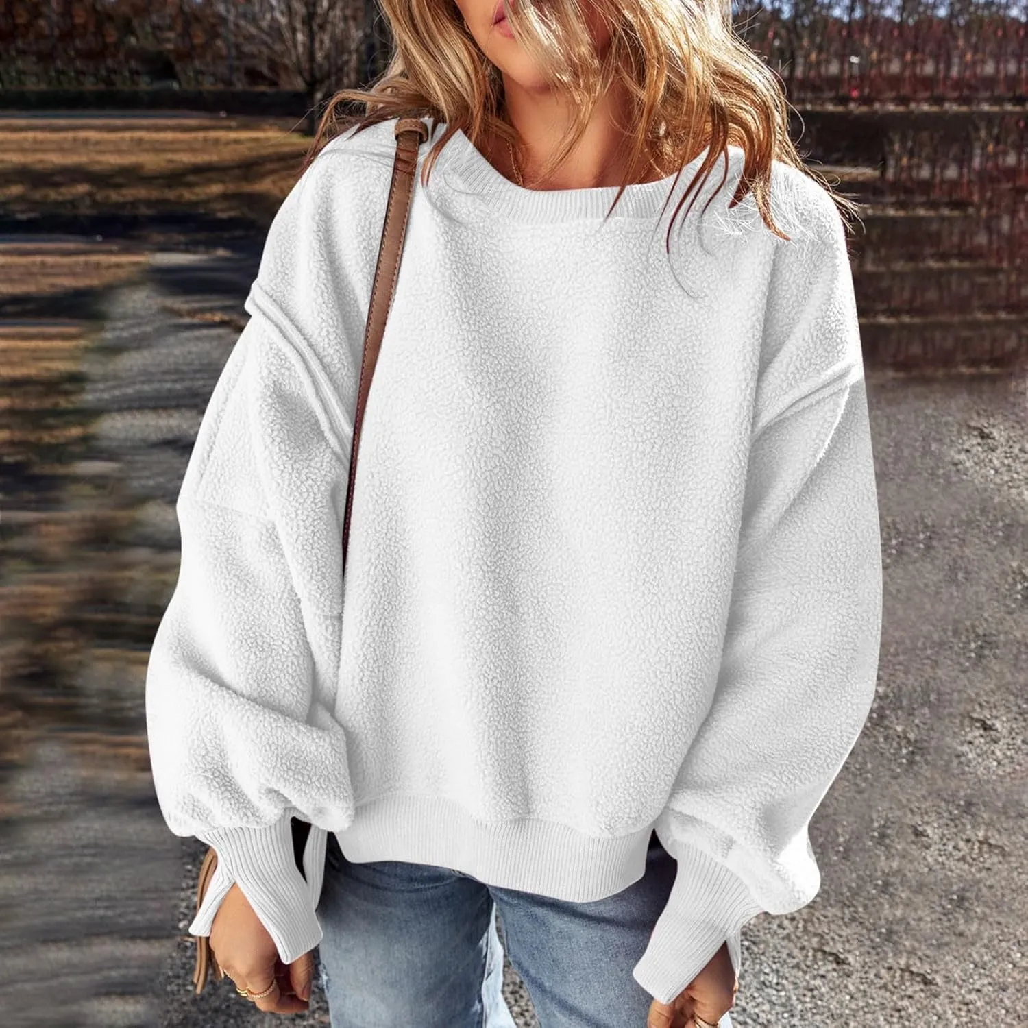 Women's Sherpa Fleece Oversized Sweatshirts Drop Shoulder Long Sleeve Hoodies Crewneck Warm Fuzzy Sweatshirt